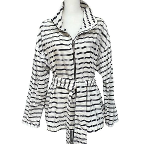 Liz Claiborne Jackets & Blazers - Liz Claiborne Zip-Up Nautical Striped Jacket Women L Cotton Belted Black White